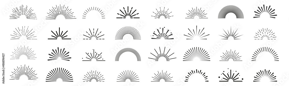 Wall mural sun rays icon, shine and burst line