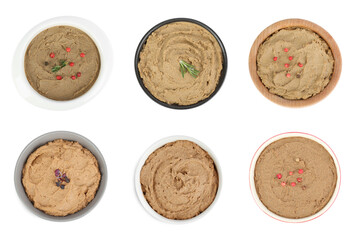 Bowls with delicious liver pate on white background, top view. Collage