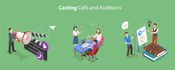 Fototapeta premium 3D Isometric Flat Vector Conceptual Illustration of Casting Calls, Audition for Brand Advertising