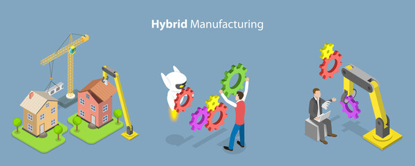 3D Isometric Flat Vector Conceptual Illustration of Hybrid Manufacturing, Cybernetic AI Automation of Production Process