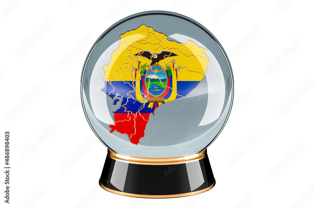 Poster crystal ball with ecuadorian map. forecasting and prediction for ecuador, concept. 3d rendering