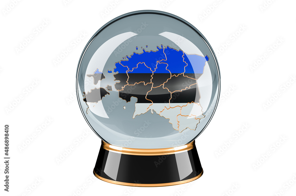 Poster crystal ball with estonian map. forecasting and prediction for estonia, concept. 3d rendering