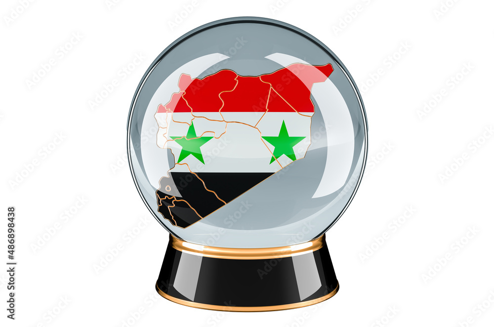 Poster crystal ball with syrian map. forecasting and prediction for syria, concept. 3d rendering
