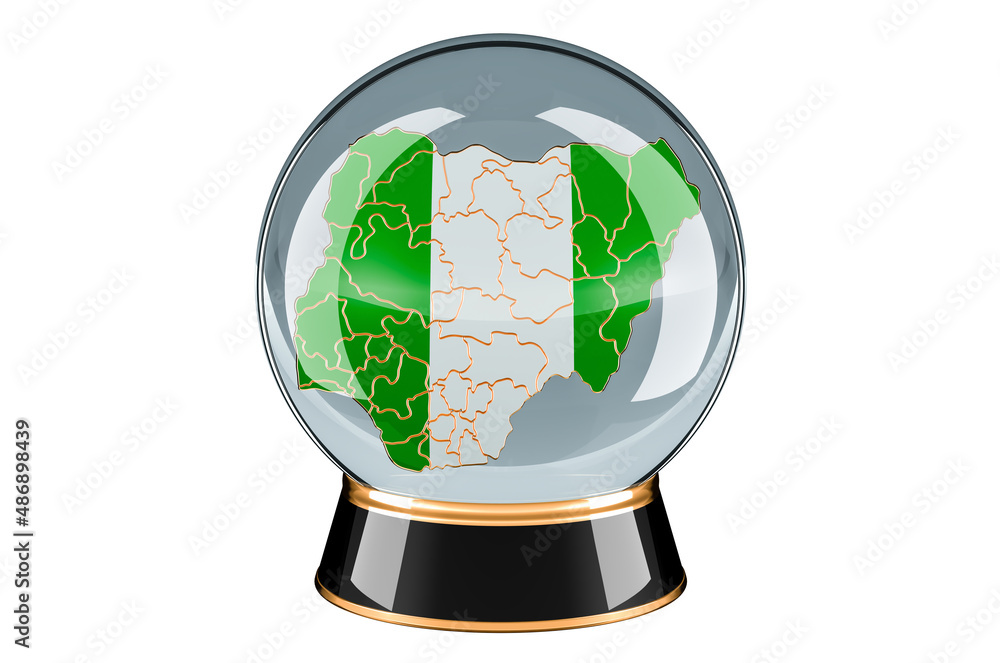 Poster crystal ball with nigerian map. forecasting and prediction for nigeria, concept. 3d rendering