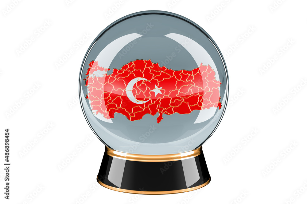 Poster crystal ball with turkish map. forecasting and prediction for turkey, concept. 3d rendering