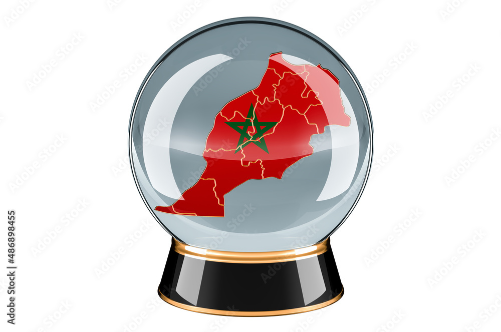 Poster crystal ball with moroccan map. forecasting and prediction for morocco, concept. 3d rendering