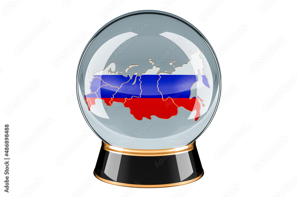 Poster crystal ball with russian map. forecasting and prediction for russia, concept. 3d rendering