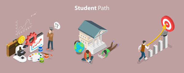 3D Isometric Flat Vector Conceptual Illustration of Student Path, Career Opportunities for Young Specialist