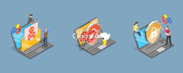 3D Isometric Flat Vector Conceptual Illustration of Cybersecurity, Antivirus Software and Digital Protection