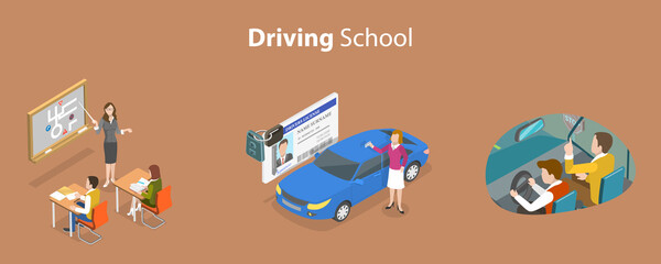 3D Isometric Flat Vector Conceptual Illustration of Driving School, Theory, Practice and Getting License