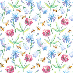 Seamless pattern of a bell flower,clover,cornflower and bee on a white background.Meadow herbs. Watercolor hand drawn illustration.