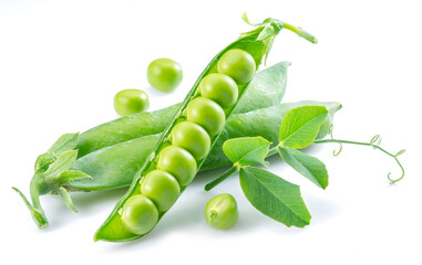 Perfect green peas in pod isolated on white background.