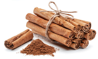 Cinnamon dried bark strips and cinnamon powder, sweet-smelling brown substance used in cooking, isolated on white background.