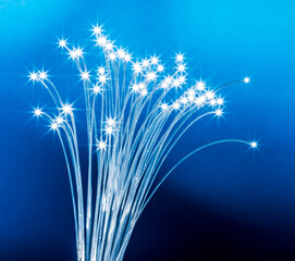 Bundle of optical fibers with lights in the ends. Blue background.