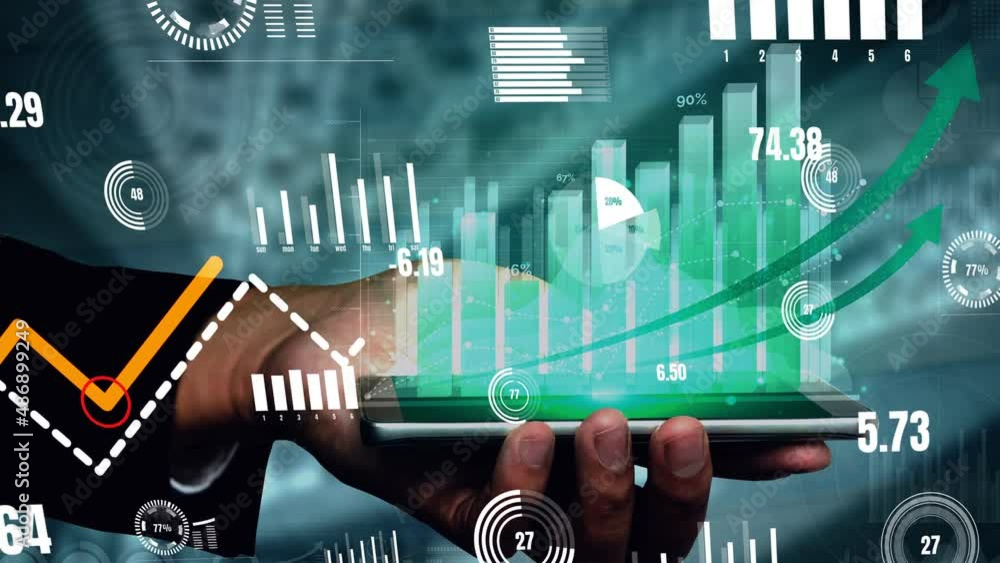 Poster double exposure image of business and finance conceptual - businessman with report chart up forward 