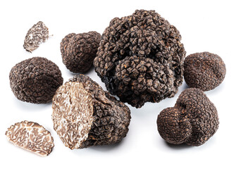 Black edible winter truffles on white background. The most famous of the truffles.