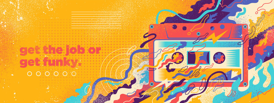 Abstract lifestyle background design with tape cassette and colorful splashing shapes. Vector illustration.