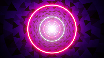 Glowing Colorful Circle Light in the Seamless Triangle Pattern Tunnel 3D Rendering
