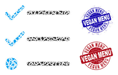 Round VEGAN MENU scratched stamp seals with caption inside circle forms, and detritus mosaic checklist icon. Blue and red stamp seals includes VEGAN MENU caption.