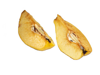 chopped quince. Juicy fruits on a white background. Ripe useful product. Fruit quarters. weathered fruit pulp. darkening of cut fruit