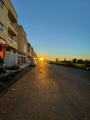 Moroccan street with beautiful sunset sky 