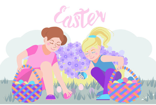 Horizontal postcard.  Cute little girls collect Easter eggs in baskets in the garden. Search for holiday painted eggs. Cute card. Vector drawing in a flat cartoon style. Inscription :  Easter