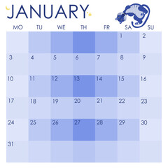 January 2022 calendar. Fun tiger calendar. Vector calendar 2022. Blue tiger.