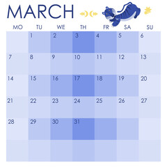 March 2022 calendar. Fun tiger calendar. Vector calendar 2022. Blue tiger.