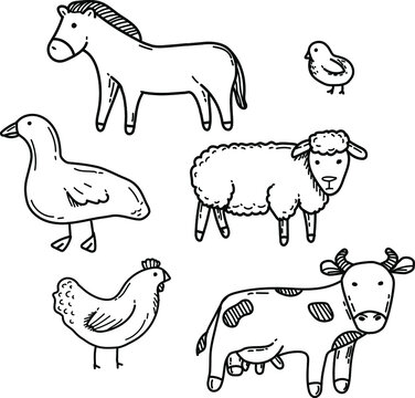 Farm animals set. Vector illustration in doodle style.Image of a cow,sheep,horse,chicken and chicken.