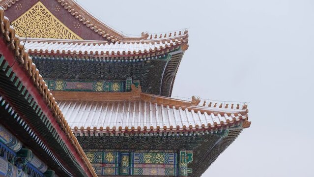 Hall with legendary beast decoration on eave in snow, Forbidden City, China.