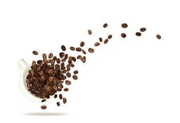 Cup and aromatic roasted coffee beans flying on white background