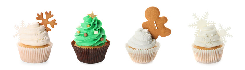 Tasty cupcakes with Christmas decor on white background, collage. Banner design