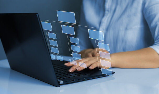  Relations of order or subordination between members. Virtual screen Mindmap or Organigram. Business process and workflow automation with flowchart. Business hierarchy structure.