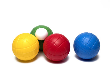 Closeup colorful balls bocce game white background