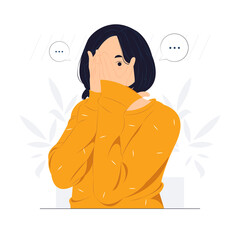 Timid girl covering face with hands and peeking through, embarrassing, feeling sorry, shying concept illustration