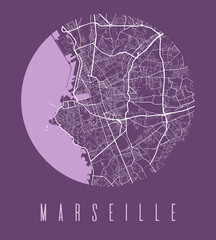 Marseille city map circle poster. Round circular road aerial view, street map vector illustration. Cityscape area panorama.