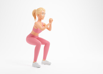 Fototapeta na wymiar Beautiful blonde cartoon character woman in pink sportswear doing squats isolated over white background.