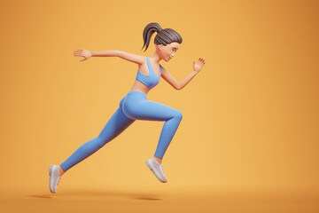 Fototapeta na wymiar Strong beautiful woman in blue sportswear fast run over yellow background.