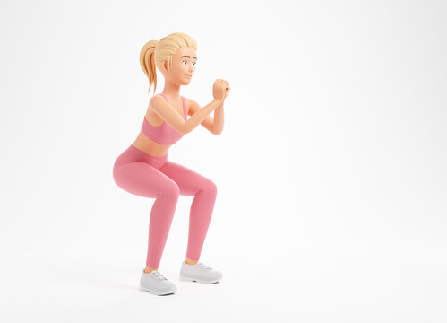 Beautiful blonde cartoon character woman in pink sportswear doing squats isolated over white background.