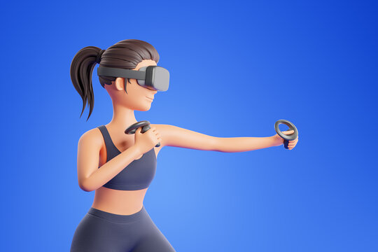 Portrait beautiful cartoon fit woman online virtual reality training with vr goggles and controllers over blue background.