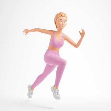 Attractive blonde cartoon character woman in pink sportswear run isolated over white background.