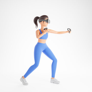 Cartoon character young woman in black sportswear with vr glasses training in virtual space or play fitness game isolated over white background.