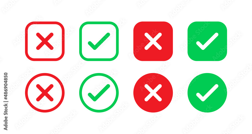 Aufkleber checkmark icons in circle check mark buttons in square green tick and red cross symbols approved icon rejected symbol
