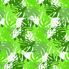 Green monstera leaves seamless tropical pattern art design stock vector illustration for web, for print
