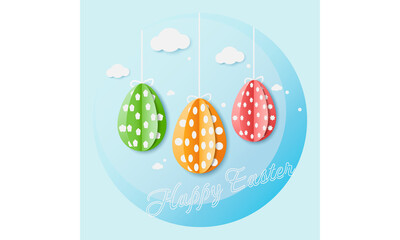Easter card in paper cut style. Multi-colored eggs on a string against the blue sky and clouds.