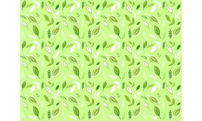 Leaves of various shapes in white and green on a light green background. Seamless pattern.