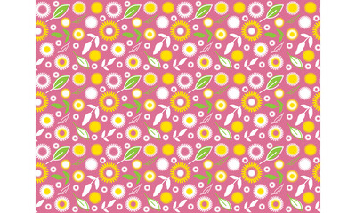 Stylized white and yellow flowers and leaves on a pink background. Seamless pattern.