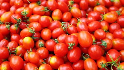 Fresh red tomatoes. Heaps of delicious fresh tomatoes at the local market from healthy organic farms for background. Selective focus