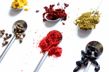 set of assorted colorful spices on a white background, flat lay, top view, with copy spice