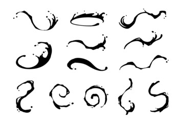 液体　流れる水のエフェクト　飛沫　墨汁　シルエット　装飾イラストセット　